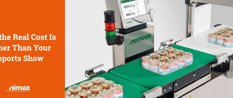 A picture of a checkweigher with cases of cans running on the conveyor: checkweigher downtime