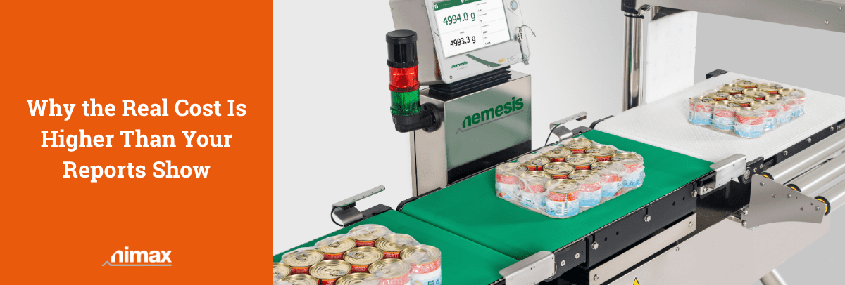 The Real Cost of Checkweigher Downtime (Feature Image) (2) A picture of a checkweigher with cases of cans running on the conveyor: checkweigher downtime